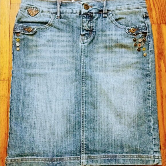 Jou Jou Skirt Women 30W (9/10) Stud Button Embellished Midi Denim Jean Whisker - Picture 2 of 15